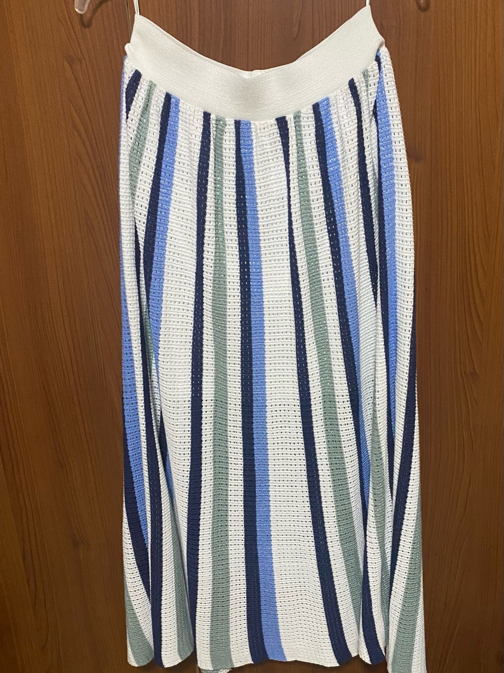 Le Lis Blanc Striped Knit Midi Long Cotton Skirt in White, Blue & Green Medium